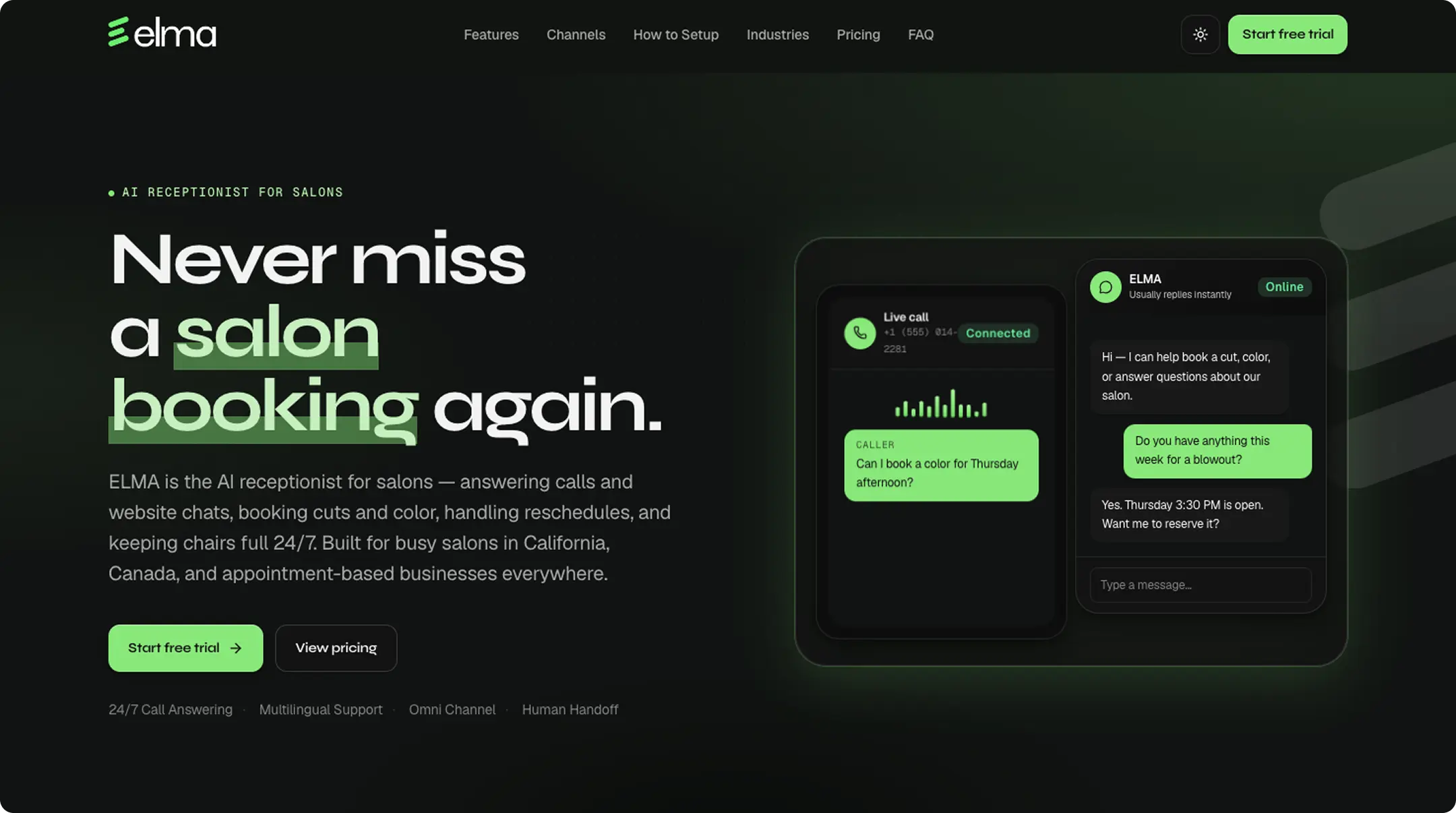 ELMA AI receptionist SaaS platform website thumbnail